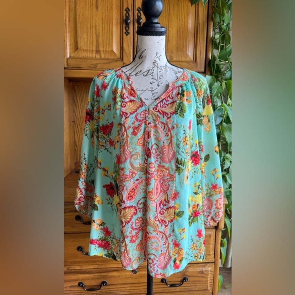 Fig and Flower Womens Mint Floral Paisley Button‎ V-Neck Blouse Small
